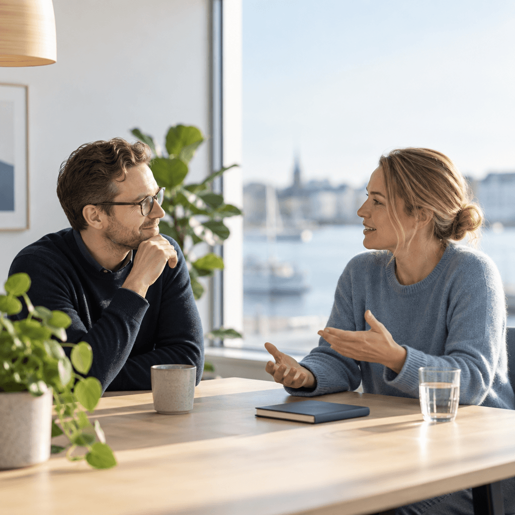 Two colleagues talking through benefits options at a bright office table