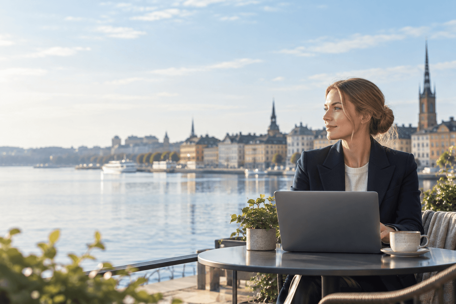 A professional working outdoors by a Stockholm waterfront on a clear morning